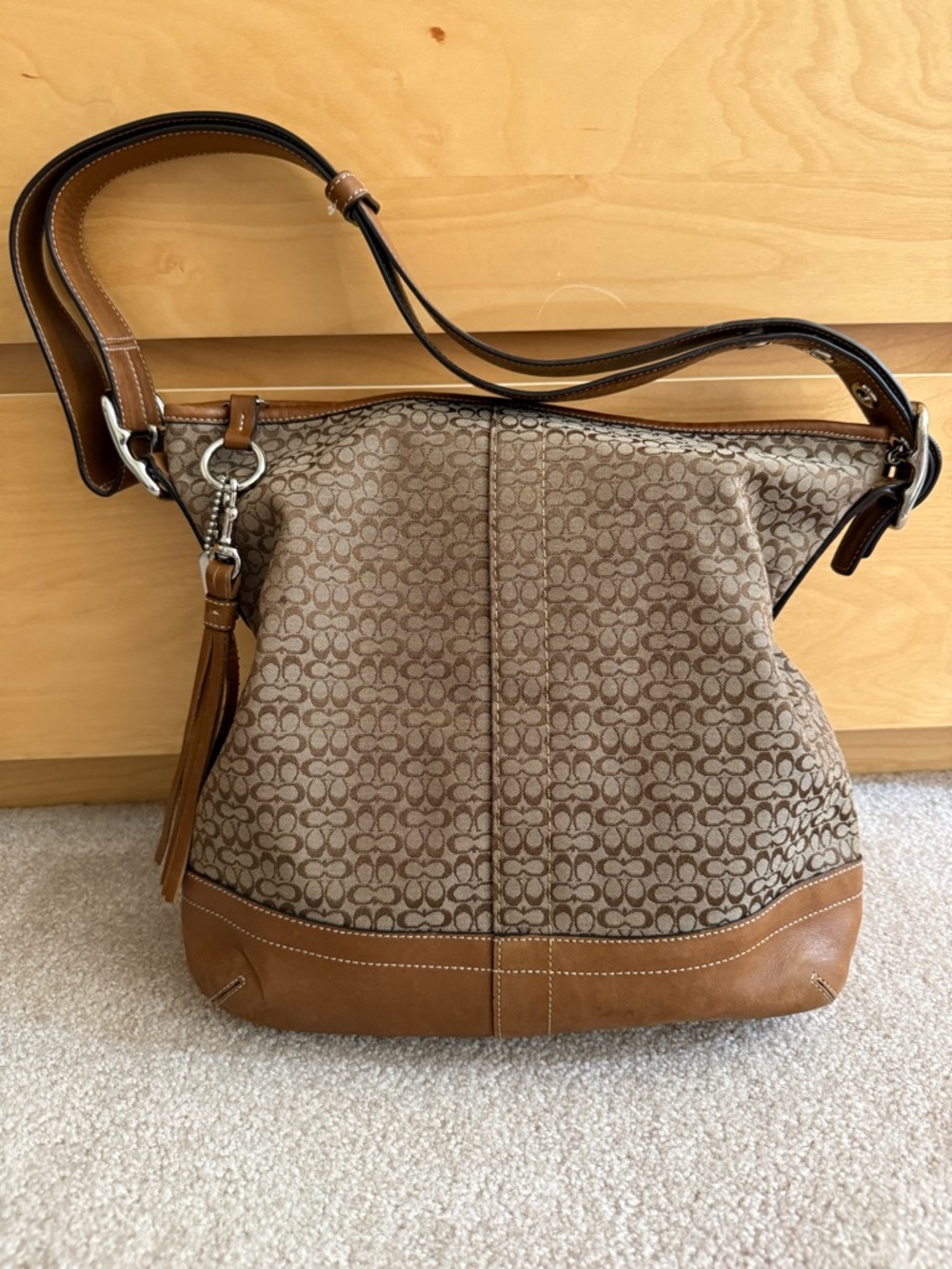 REAL Coach Signature Jacquard Hobo Bag in Brown/Tan